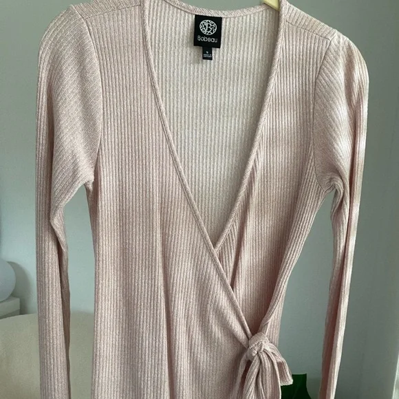 Balletcore Wrap Side Tie Long Sleeve Top | Bobeau Dusty Rose Pink Ribbed Sweater - Picture 15 of 16